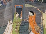 an image of a painting of a man and woman playing with a cat