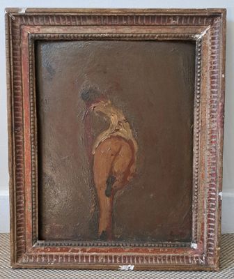 une peinture à l'huile représentant une femme tenant une batte de baseball posée sur une table