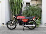 a red motorcycle parked in front of a cactus plant