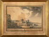une vieille photo représentant un tableau d'un château avec un bateau au premier plan