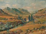 an oil painting of a landscape with mountains in the background