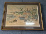 painting of a boat on the beach in a frame on the floor