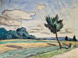 peinture représentant un arbre dans un champ, avec le ciel en arrière-plan