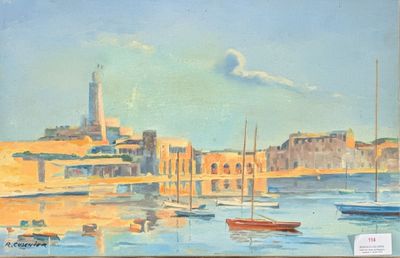 une peinture de bateaux sur l'eau dans un port