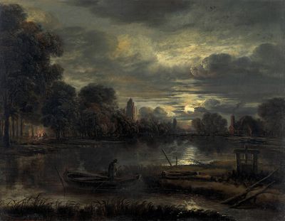 an image of a painting of a river scene with a boat in the foreground