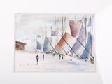 a picture of a watercolor painting of sailboats in a harbor