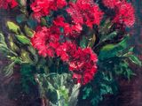 painting of red carnations in a glass vase on a table