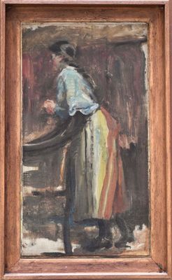 an oil painting of a woman washing her hands in a sink