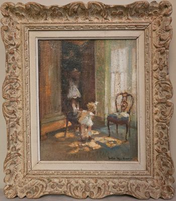 une image représentant un tableau où l'on voit une femme et un enfant dans un salon