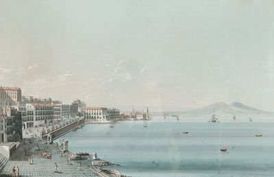une peinture représentant une vue d'un port avec des bateaux dans l'eau