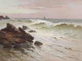 painting of a view of the ocean with rocks and a sailboat in the distance