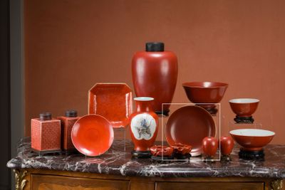 a table with a lot of red and white items on it