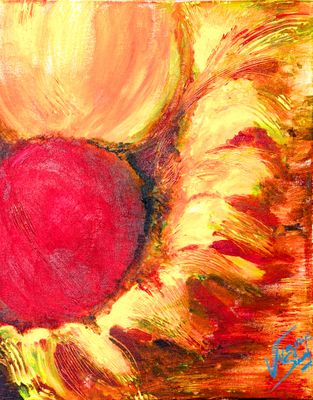 an oil painting of a sunflower with a red center and yellow petals