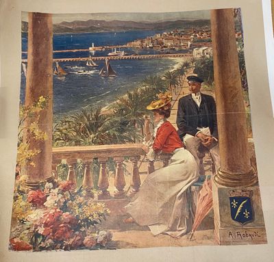 une photo d'un tableau représentant un couple assis sur un balcon