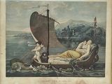a painting of a woman laying on a bed in a boat