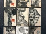 several black and white photographs of a building and a train