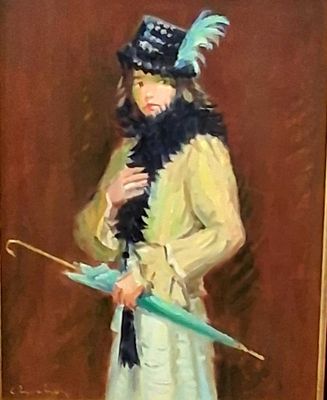 un tableau représentant une femme avec un parapluie et un chapeau