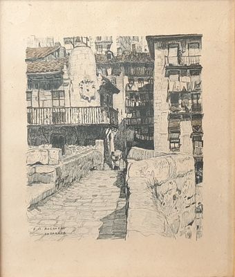 a drawing of a man walking down the street