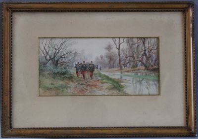 tableau représentant un groupe de chevaux tirant une calèche sur une route