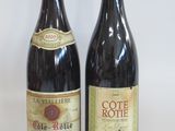 two bottles of wine sitting next to each other on a table