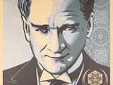 a close up of a poster of a man in a suit and tie