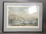 tableau représentant une vue sur une rivière avec un pont au loin
