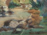 a painting of a dog laying on the ground next to a river