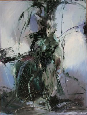 an oil painting of a vase filled with green plants on top of a table