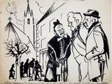drawing of two men talking to each other on a city street