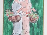 painting of two women with baskets of flowers in front of a green background