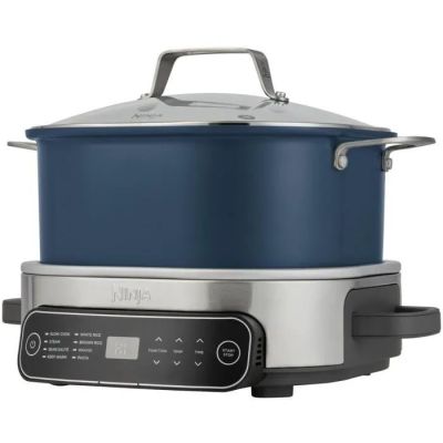 an image of a blue and silver slow cooker on a white background