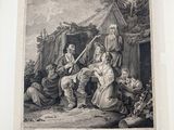 an old book with a drawing of a man and woman in front of a tent