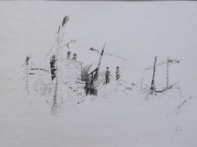 dessin au crayon représentant une maison dans un champ, avec une clôture au premier plan