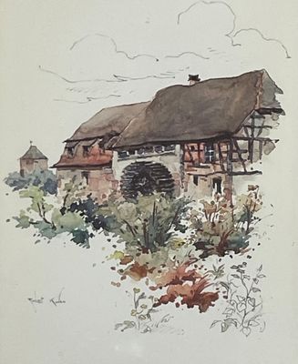 a watercolor painting of a house with a thatched roof