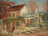 an oil painting of a house with a fence in front of it