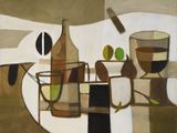 a painting of a table with a wine glass and a bottle on it