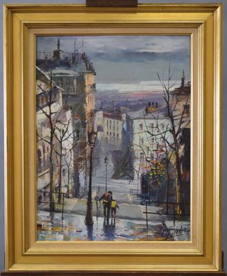 an oil painting of a couple walking down a street in the rain
