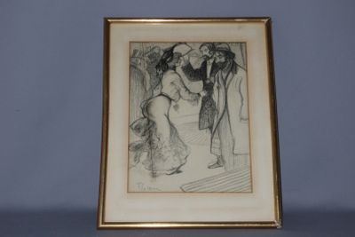 dessin encadré représentant un homme et une femme debout devant un miroir