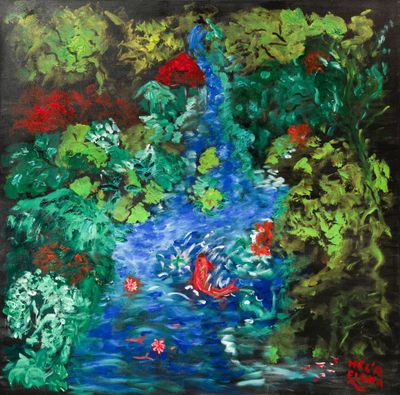 une peinture représentant une peinture d'un étang avec des poissons et des plantes