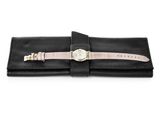 a black leather wallet with a gold buckle and a pink strap