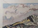 a picture of a painting of a mountain with clouds