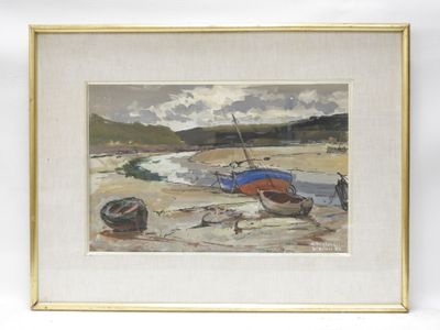tableau représentant un bateau sur la plage, avec un homme debout à côté