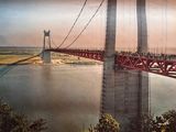 une affiche représentant un pont enjambant un plan d'eau