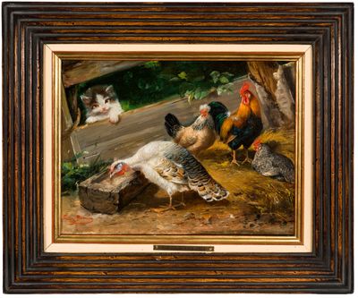 tableau représentant un groupe de poulets et de poules dans une grange