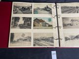 many pictures of a train on the pages of a book