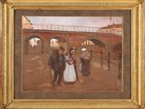 tableau représentant un couple marchant dans une rue, avec un pont en arrière-plan