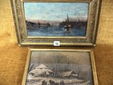 un tableau représentant un paysage hivernal et un autre représentant un village, tous deux dans un cadre doré
