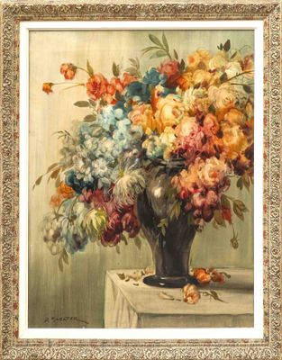 a painting of flowers in a vase on a table