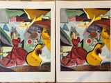 deux tableaux représentant une femme en robe rouge et un homme avec une guitare