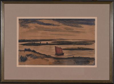 painting of a boat in a body of water with a sky in the background